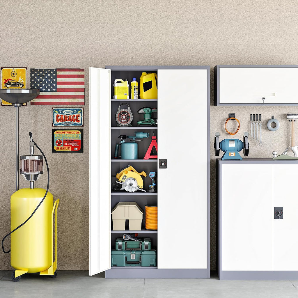 RAVIGIN Metal Garage Storage Cabinet with Lock, 71' Locking Tool Cabinet with 2 Doors and 5 Adjustable Shelves, Tall Steel Cabinet Garage for Home,Office,Warehouse，School (Grey White)