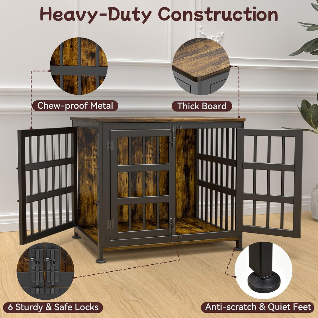 26'' Dog Crate Furniture Large Breed Dog Crate Dog Kennels for Inside Wooden Dog Crates End Table Heavy Duty Indoor Combination Cage for Medium to Large Dogs Walnut