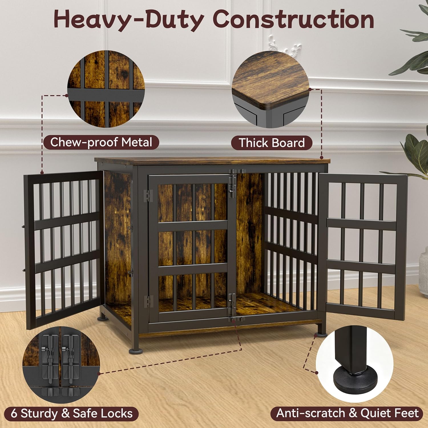 26'' Dog Crate Furniture Large Breed Dog Crate Dog Kennels for Inside Wooden Dog Crates End Table Heavy Duty Indoor Combination Cage for Medium to Large Dogs Walnut