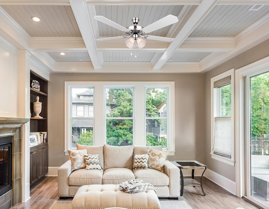 Canarm LTD St. James BPT 52 Alabaster Glass 4 Bulb Light Kit, 52-Inch Ceiling Fan with 5 Blades, White/Bleached Oak Blades