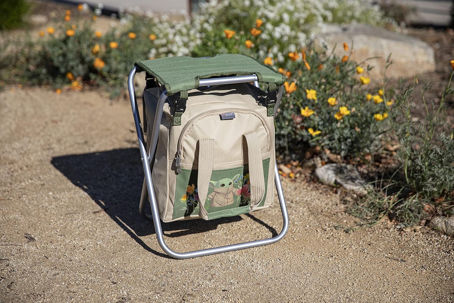Picnic TIME Star Wars The Mandalorian Grogu Gardener Folding Seat with Tools, 5 Piece Garden Tool Set with Folding Stool and Detachable Tote Organizer, (Olive Green with Beige Accents)