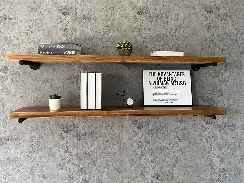 HDDFER Industrial Pipe Wall Wood Shelves,Real Wooden Shelves 48' in Special Brown Color with 1.2' Extra Thickness, Modern Floating Shevles Bookshelf Shelving Units for Rustic Farmhouse Decor