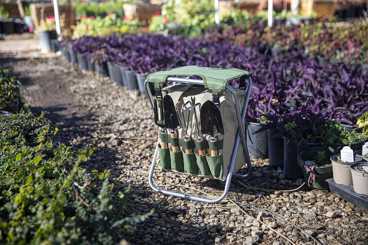 Picnic TIME Star Wars The Mandalorian Grogu Gardener Folding Seat with Tools, 5 Piece Garden Tool Set with Folding Stool and Detachable Tote Organizer, (Olive Green with Beige Accents)
