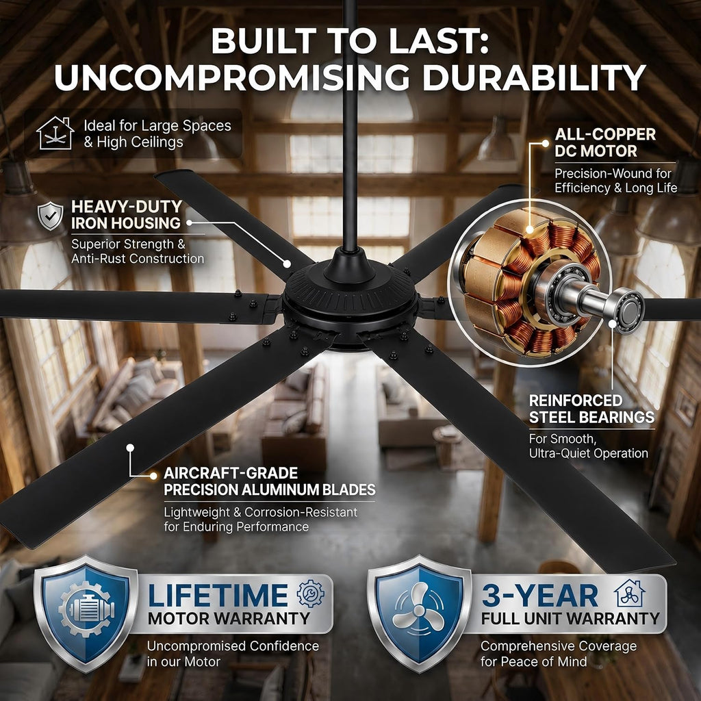 120 Inch Ceiling Fans without Lights Big Industrial Black Ceiling Fan for Shop Garage Gym, 6-Speed Reversible DC Motor Outdoor Ceiling Fans for Patios, Commercial Fan with Remote, 6 Aluminum Blades