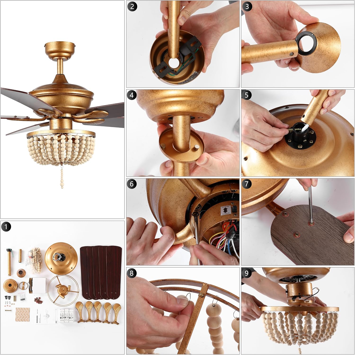 JONATHAN Y 52' Antique Gold 3-Light LED Ceiling Fan with Remote and App Control, Bohemian Farmhouse Chandelier, Light Brown Wood Bead Shade, Reversible Wood Blades JYL9618A
