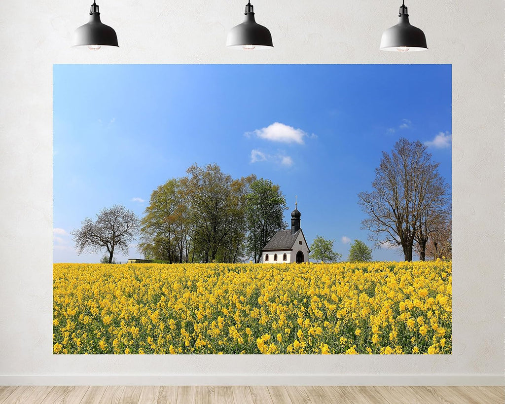 Trykid 20x10ft Yellow Rapeseed Field Backdrop Small Chapel Clear Blue Sky Photography Background Spring Festival Country Wedding Tapestry Party Decoration Photo Studio Prop Fabric