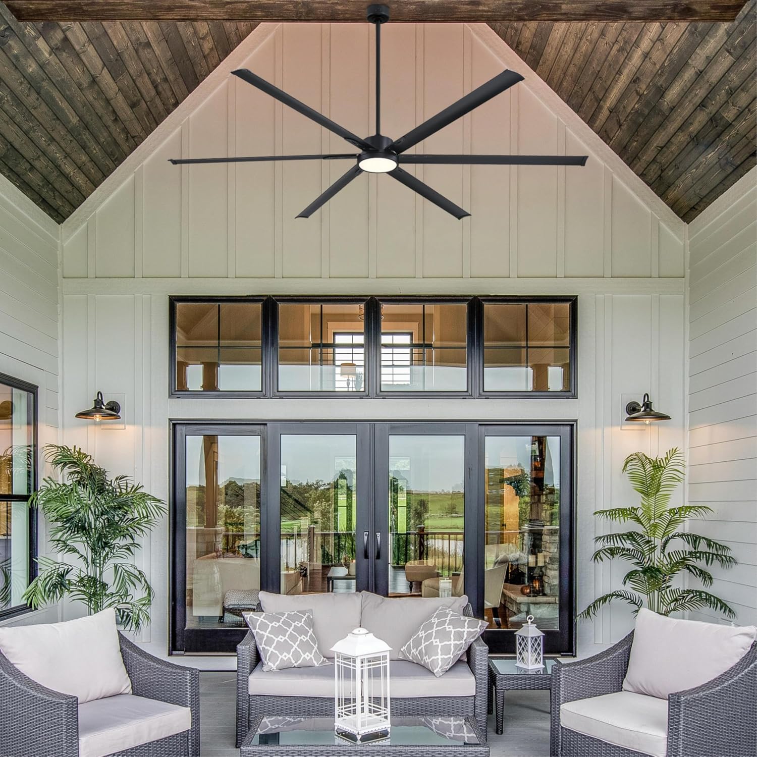 Westinghouse Lighting Adjustable Ceiling Fan with Light, 96-Inch Industrial Indoor/Outdoor Widespan Fan in Matte Black, DC Motor, Dimmable LED with Opal Frosted Glass, Remote Control
