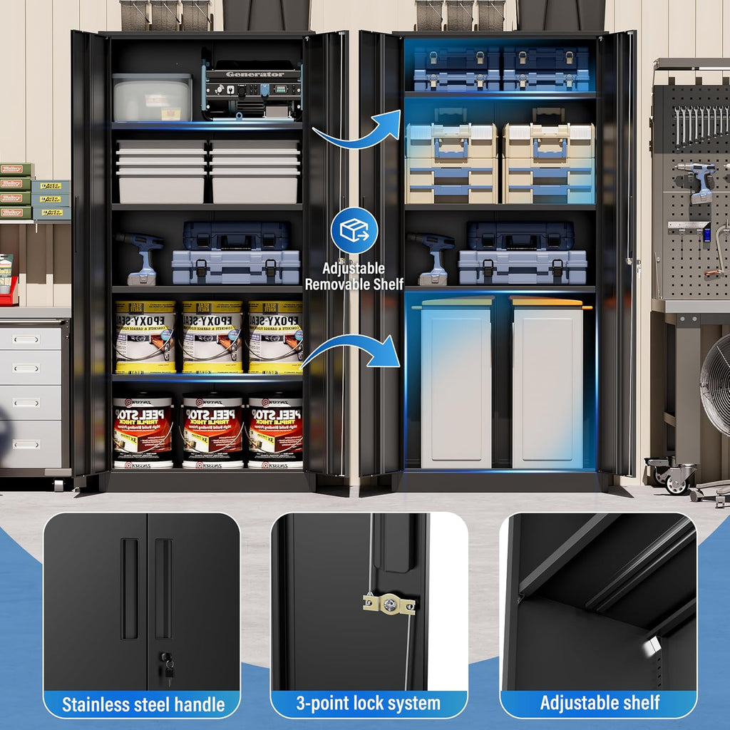 Greenvelly Metal Storage Cabinet, 72' Black Locking Storage Cabinets with Doors and 4 Shelves, Tall Tool Storage Cabinet for Garage, Steel Lockable File Cabinet Metal Locker for Home Office, Classroom