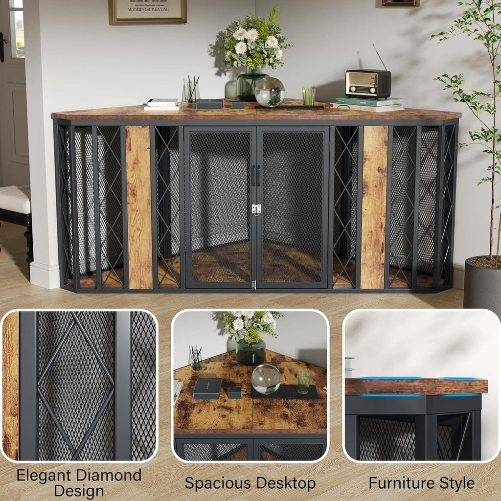 kepptory 67' Corner Wooden Dog Crate Furniture with Diamond Metal Decoration, Pet Kennel for Small, Medium and Large Dogs, Space-Saving Dog Cage for TV Stand(Brown)