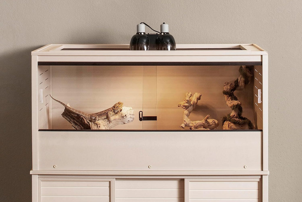 New Age Pet ECOFLEX Two Large Reptile Enclosures with Matching Stacker and Low Cabinet Stand Set in Maple