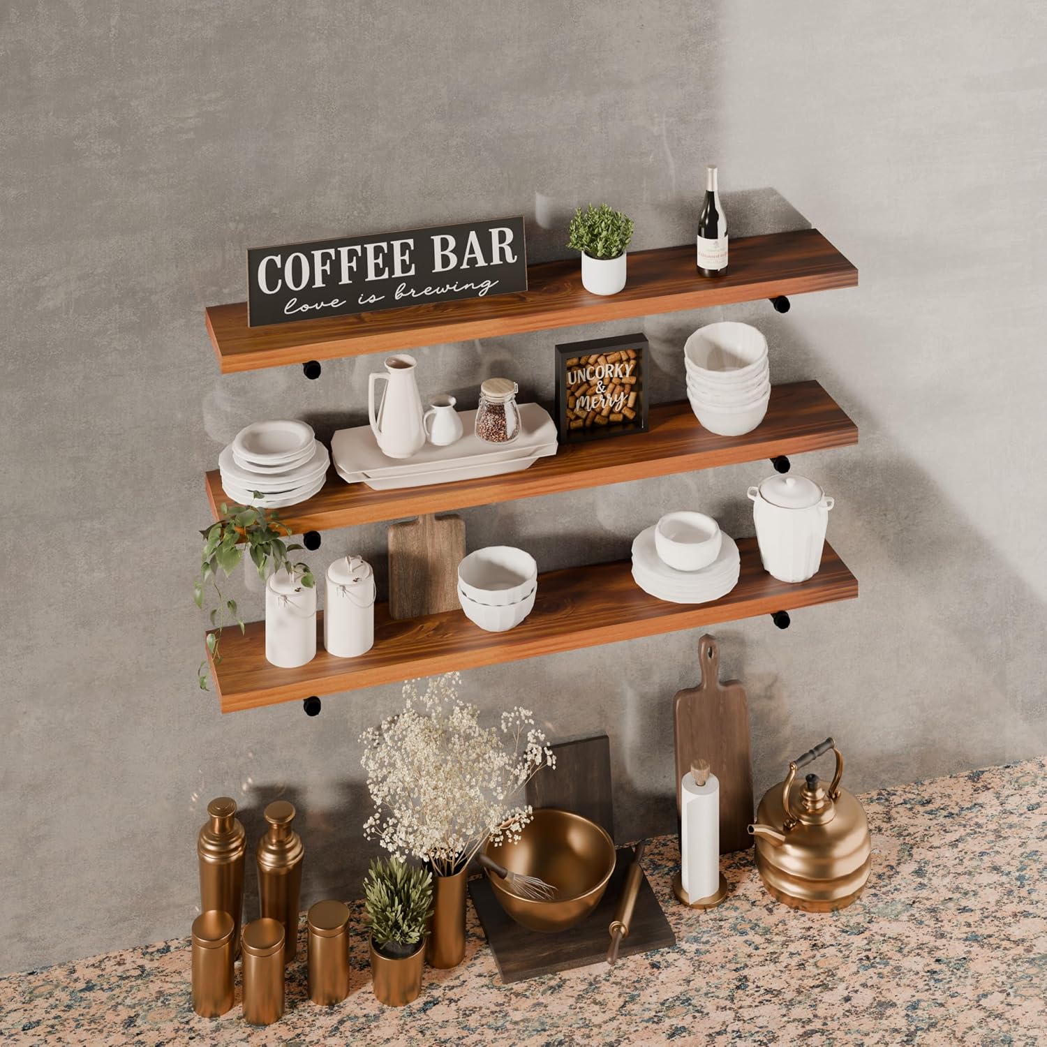 HDDFER Industrial Pipe Wall Wood Shelves,Real Wooden Shelves 36' in Walnut Color with 1.2' Extra Thickness, Modern Floating Shevles