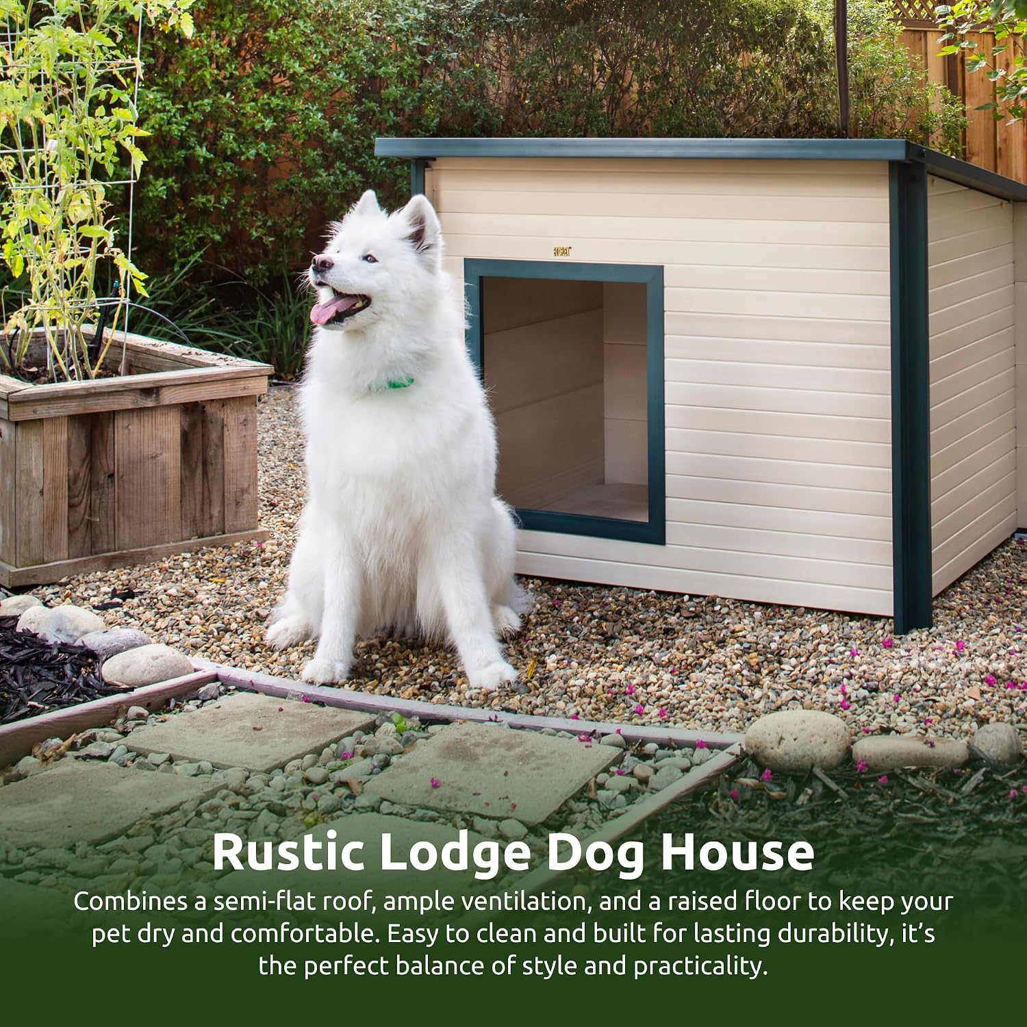 New Age Pet ECOFLEX Rustic Lodge Dog House, Jumbo, Weather Resistant, Easy Assembly, Elevated Floor, Non Toxic, Durable Composite