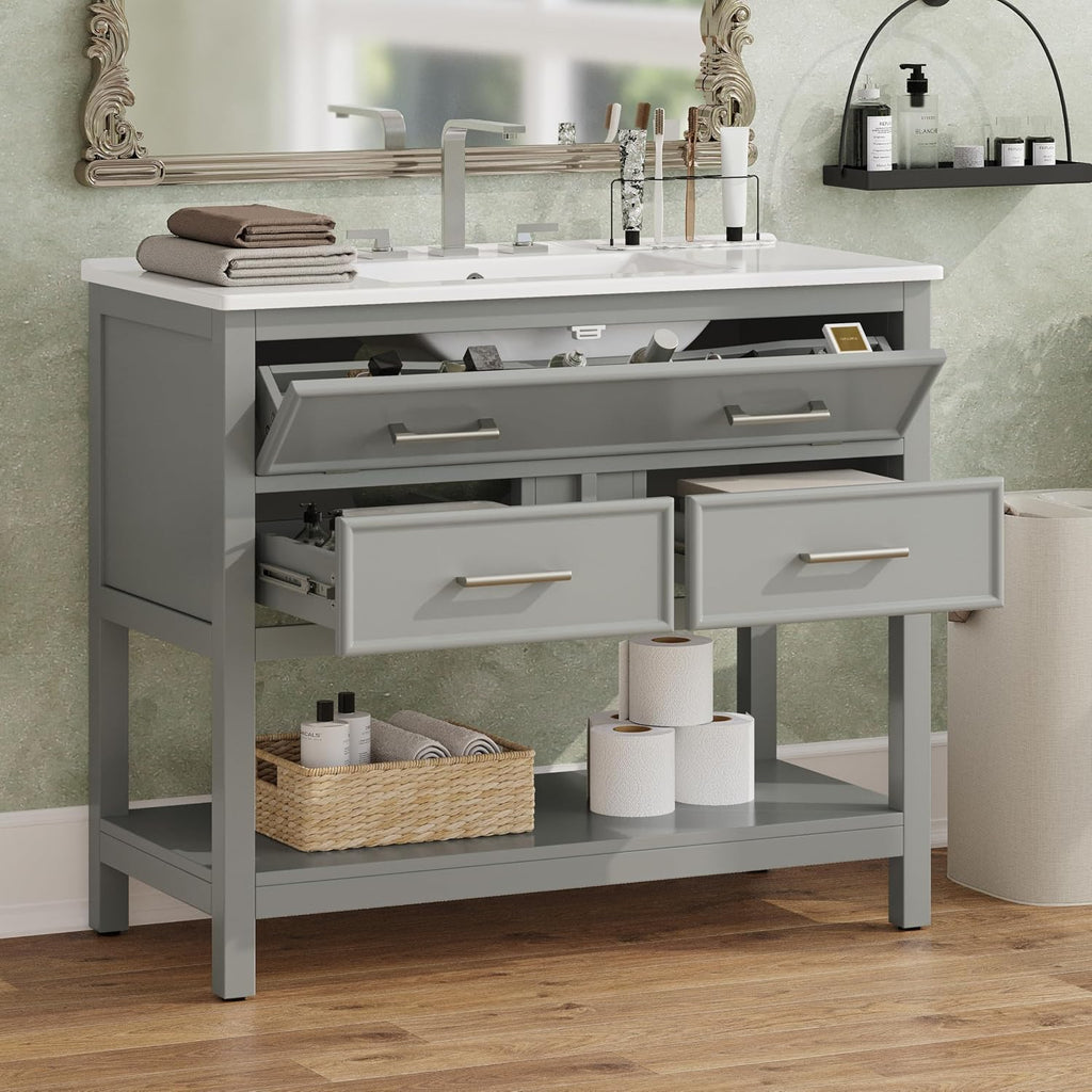 Bathroom Vanity 36 Inch with Ceramic Sink, Flip Top Tray, Wooden Bathroom Sink Cabinet with 2 Drawers and Open Shelf, Freestanding Vanity for Guest Baths Master Suites, Rental Units (Gray)