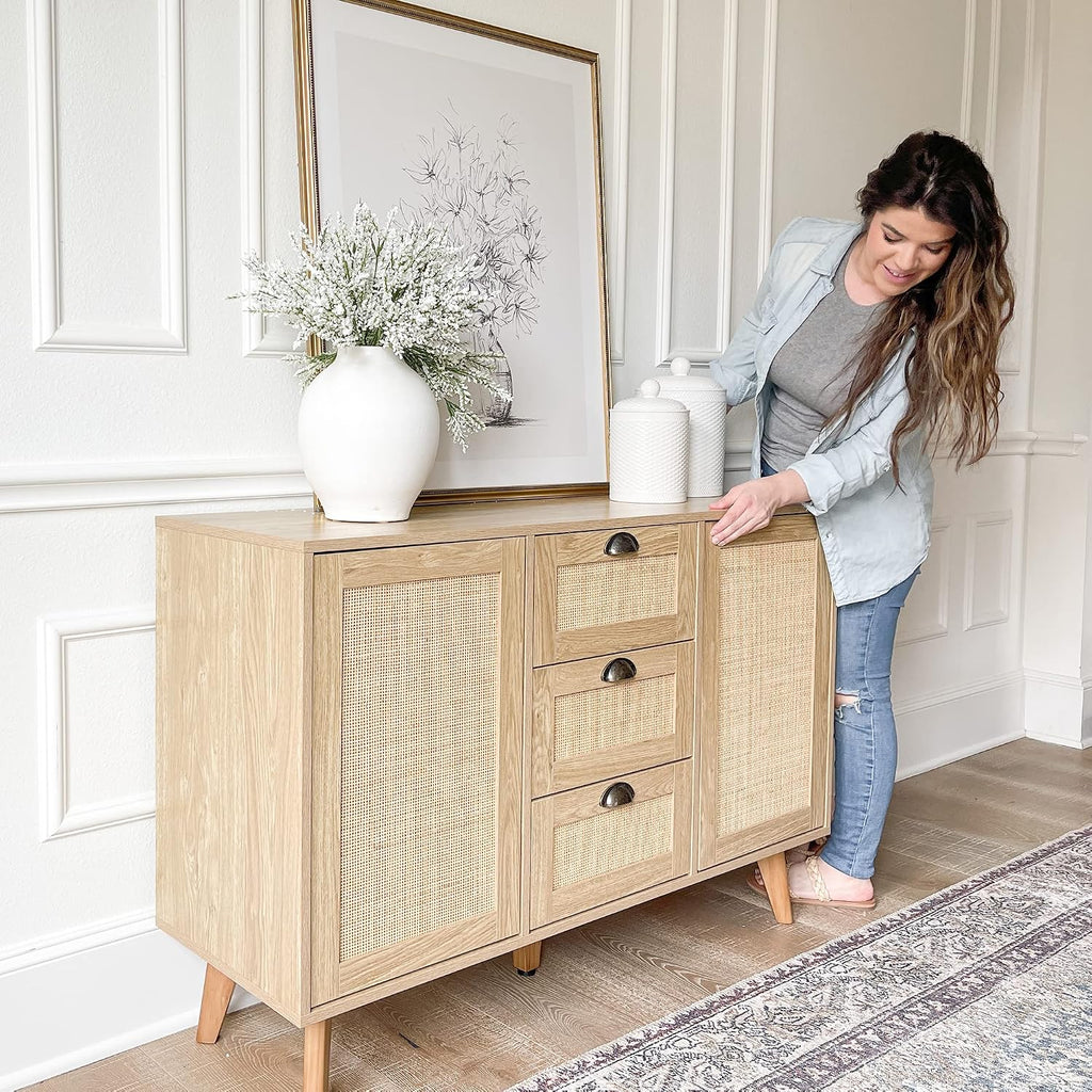 PHI VILLA Rattan Cabinet - Sideboard Buffet Accent Cabinet with Doors and Drawers, Rattan Console Table