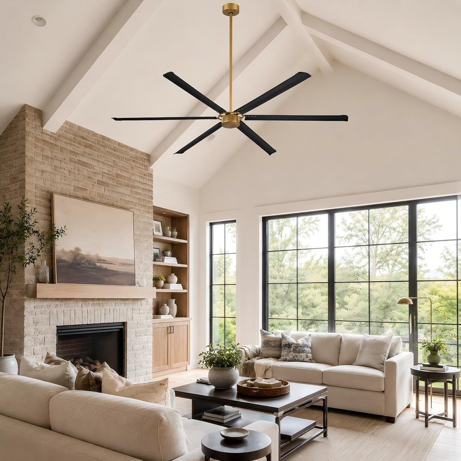 96 Inch Ceiling Fans without Light, Industrial Large Commercial Fan for Shop Gym Garage, Remote Control, Reversible DC Motor, 6 Black Aluminum Blades, Big Outdoor Ceiling Fans for Patios, Vintage Gold