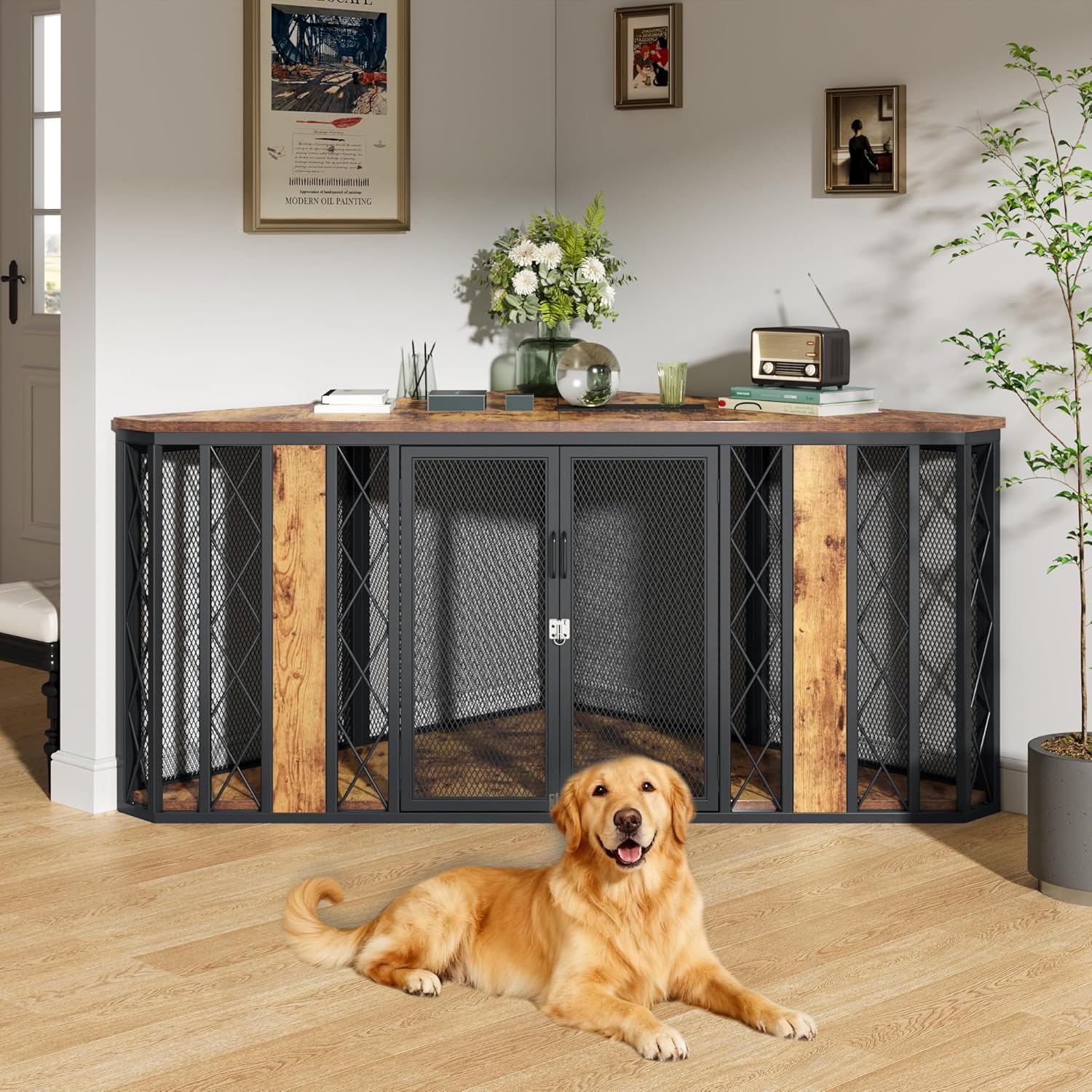 kepptory 67' Corner Wooden Dog Crate Furniture with Diamond Metal Decoration, Pet Kennel for Small, Medium and Large Dogs, Space-Saving Dog Cage for TV Stand(Brown)