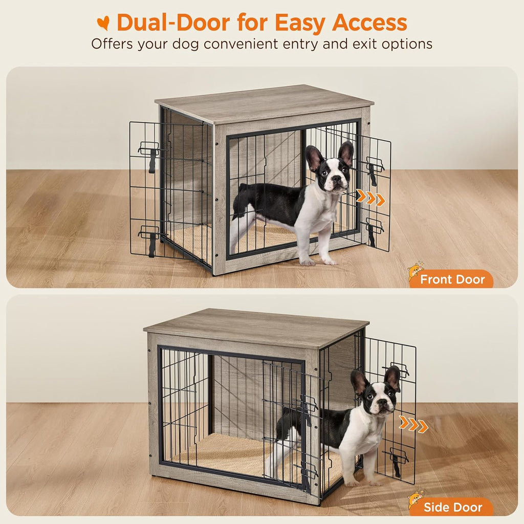 Yaheetech 32 Inch Dog Crate Furniture with Cushion, Wooden Dog Kennel with Double Door Side End Table with Adjustable Feet for Small Medium Dogs, Greige