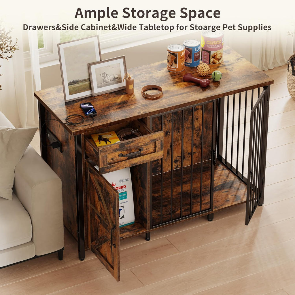 kepptory 2-in-1 Furniture Dog Crate End Table, Heavy Duty Dog Crate Furniture with Charging Station, Large Wooden Dog Kennel for Indoor with 440 lbs Load Capacity Metal Door Dog Cage for Living Room