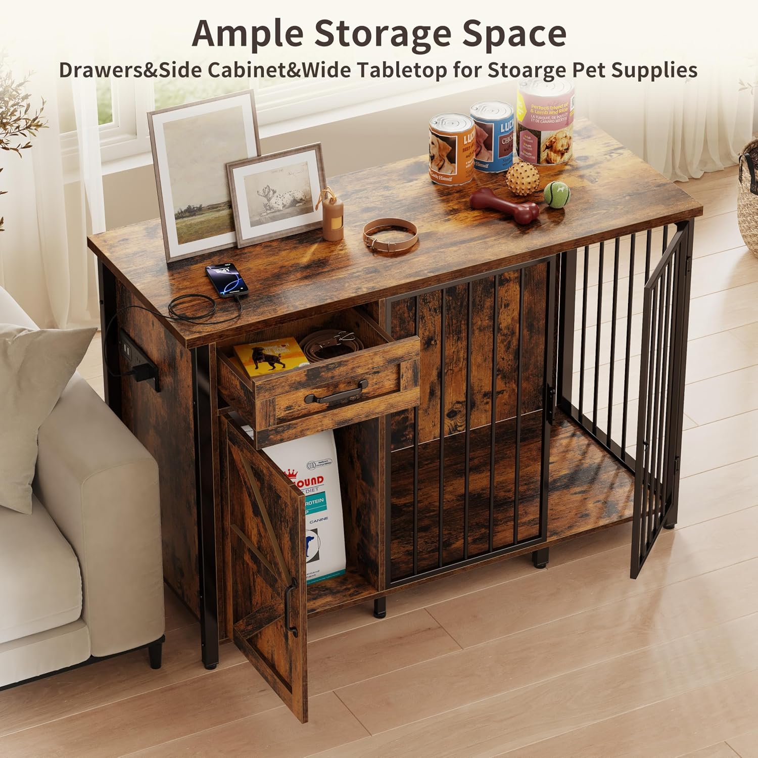 kepptory 2-in-1 Furniture Dog Crate End Table, Heavy Duty Dog Crate Furniture with Charging Station, Large Wooden Dog Kennel for Indoor with 440 lbs Load Capacity Metal Door Dog Cage for Living Room