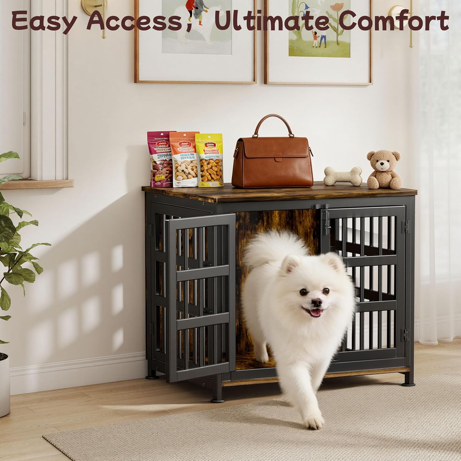 26'' Dog Crate Furniture Large Breed Dog Crate Dog Kennels for Inside Wooden Dog Crates End Table Heavy Duty Indoor Combination Cage for Medium to Large Dogs Walnut