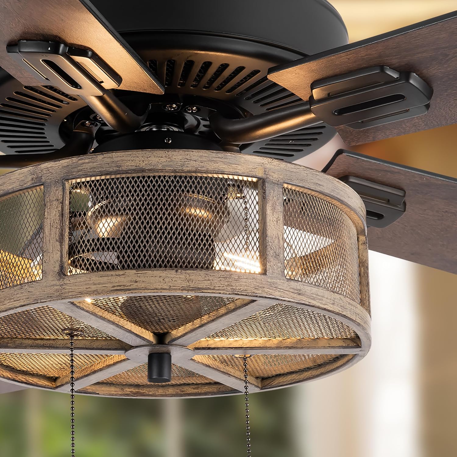 RIVER OF GOODS 52 Inch LED Modern Farmhouse Ceiling Fan with Light - Rustic Ceiling Fans with Lights - Elegant Industrial Fan with Mesh Metal Caged Shade - Brown