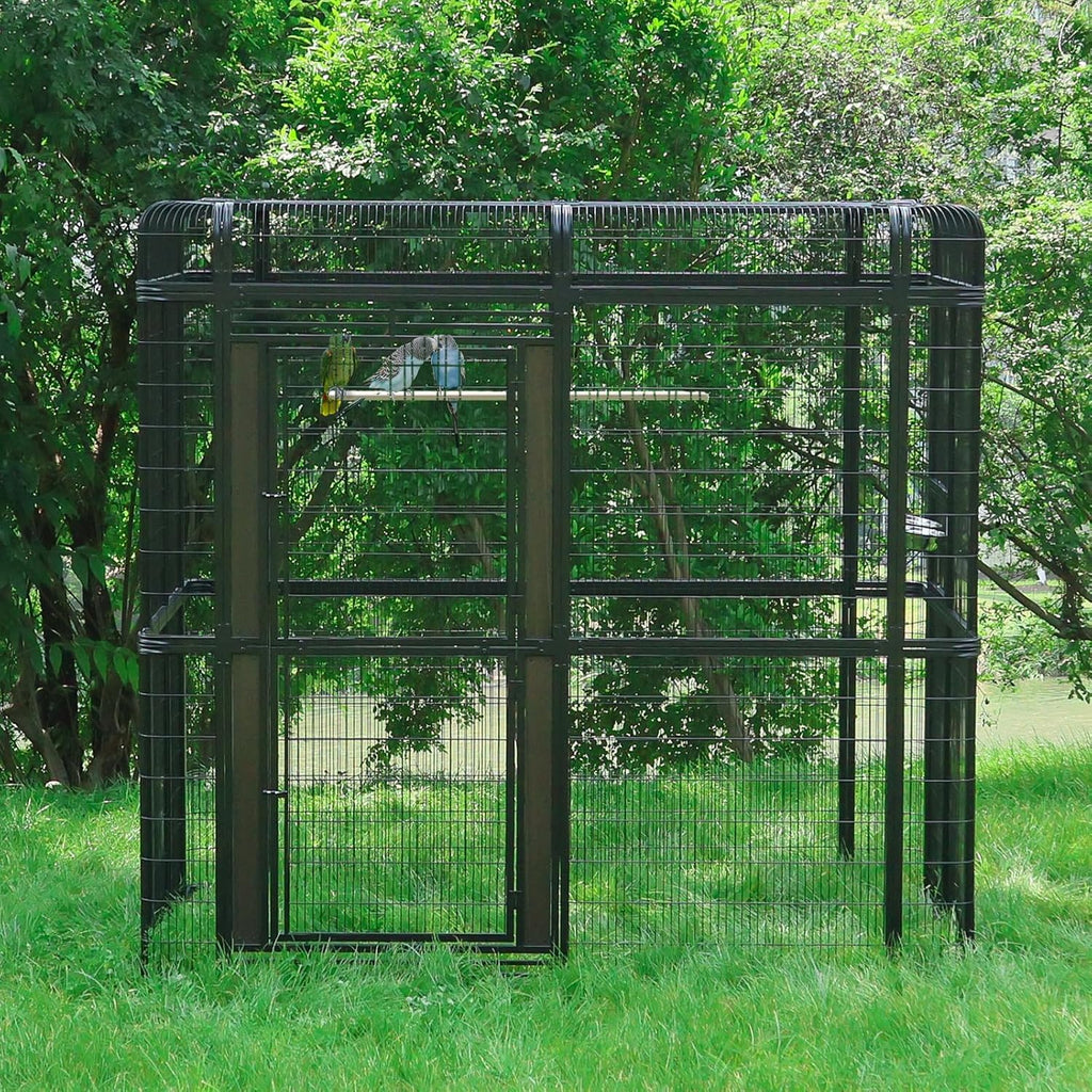 Outdoor Large Walk-in Cage 87-inch Heavy Duty Bird Cage Carbon Crystal Board Aviary Parrot Cage Wide Flight Metal Birdcage for Macaw Budgie Conure Lovebird Parakeet Cockatiel, 7.22x5.25x6.8ft, Black