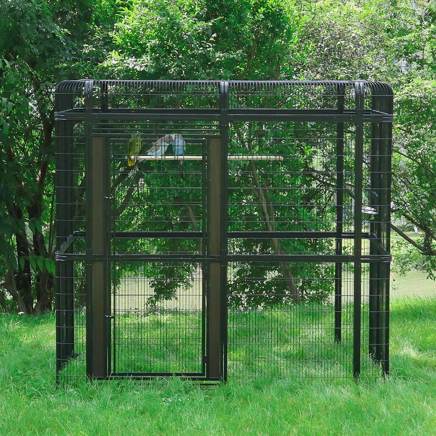 Outdoor Large Walk-in Cage 87-inch Heavy Duty Bird Cage Carbon Crystal Board Aviary Parrot Cage Wide Flight Metal Birdcage for Macaw Budgie Conure Lovebird Parakeet Cockatiel, 7.22x5.25x6.8ft, Black