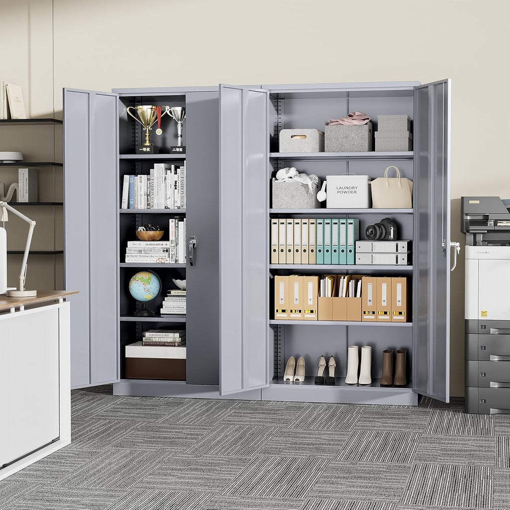 SUNCROWN 72' Metal Storage Cabinet - Heavy-Duty Metal Garage Cabinet with 4 Adjustable Shelves & 2 Doors for Tools, Office, Home, Workshop,Cement Grey