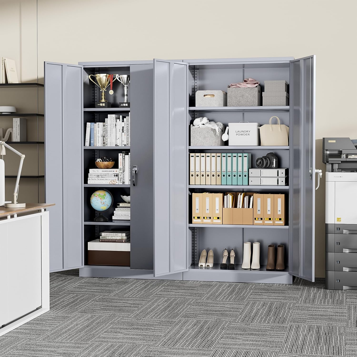 SUNCROWN 72' Metal Storage Cabinet - Heavy-Duty Metal Garage Cabinet with 4 Adjustable Shelves & 2 Doors for Tools, Office, Home, Workshop,Cement Grey