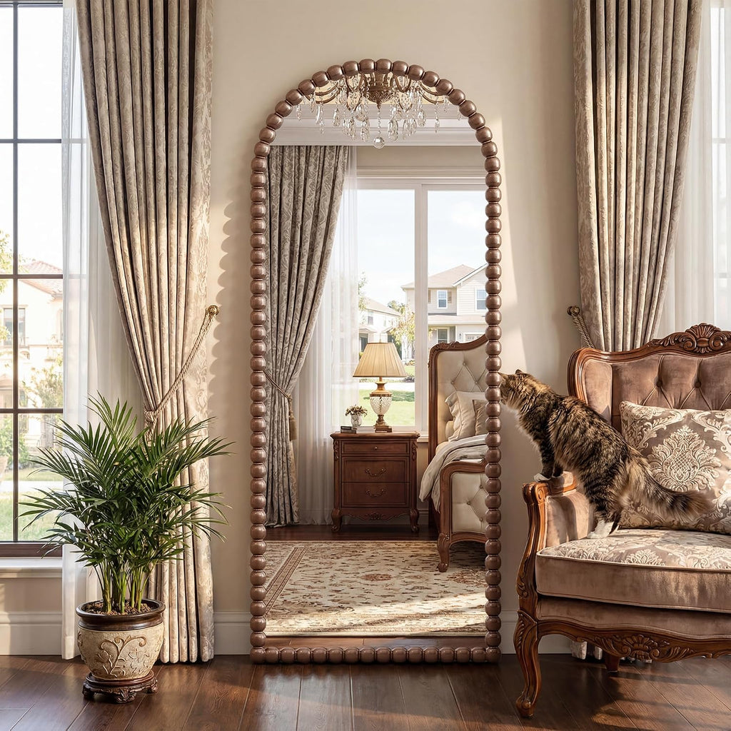 Antok 58' x 21' Arched Full Length Mirror, Antique Beaded Frame Floor Standing or Wall Mounted Mirror with Stand for Bedroom, Entryway, Brown, Luxury Style
