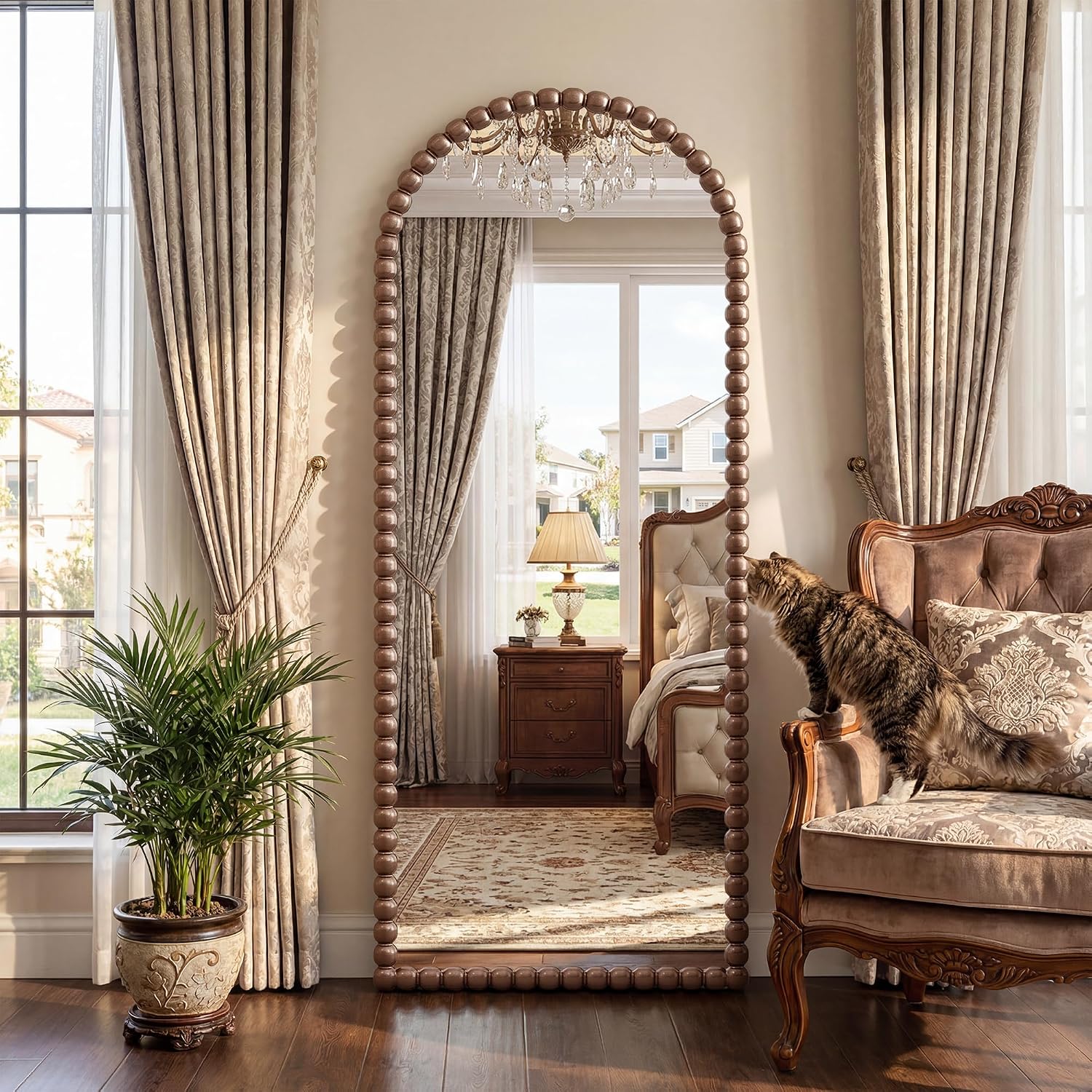 Antok 58' x 21' Arched Full Length Mirror, Antique Beaded Frame Floor Standing or Wall Mounted Mirror with Stand for Bedroom, Entryway, Brown, Luxury Style