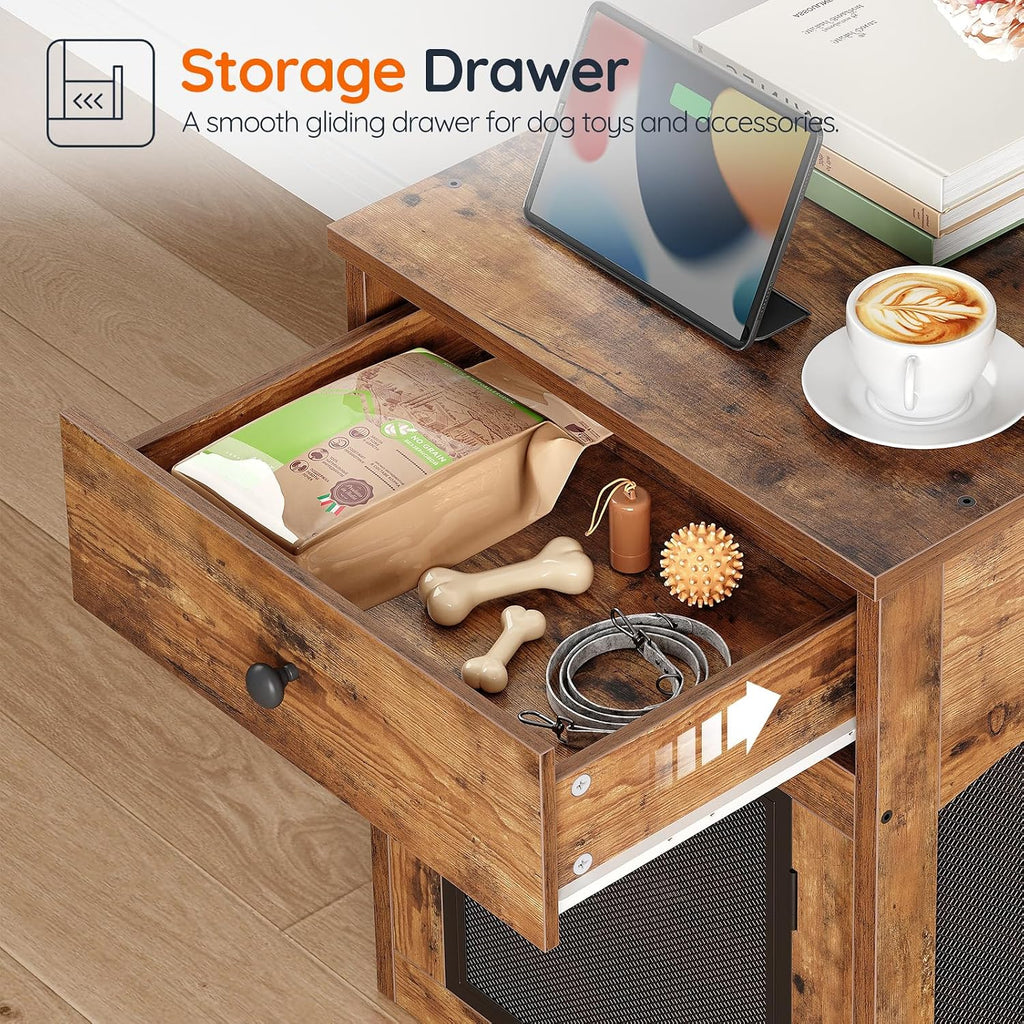 HOOBRO Dog Crate Furniture, Dog Kennel with Drawer and Charging Station, Indoor Decorative Puppy House, Wooden Pet Crate End Table for Small Dogs, Rustic Brown and Black BF58UGW03G1