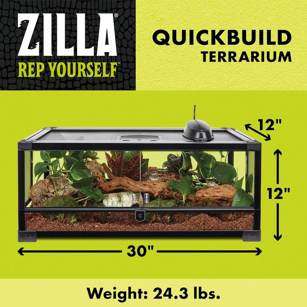 Zilla QuickBuild Reptile 20 Gallon Glass Terrarium Habitat with Swing Door For Geckos, Snakes, Lizards, Frogs, Turtles, and Tortoises, 30' x 12' x 12'