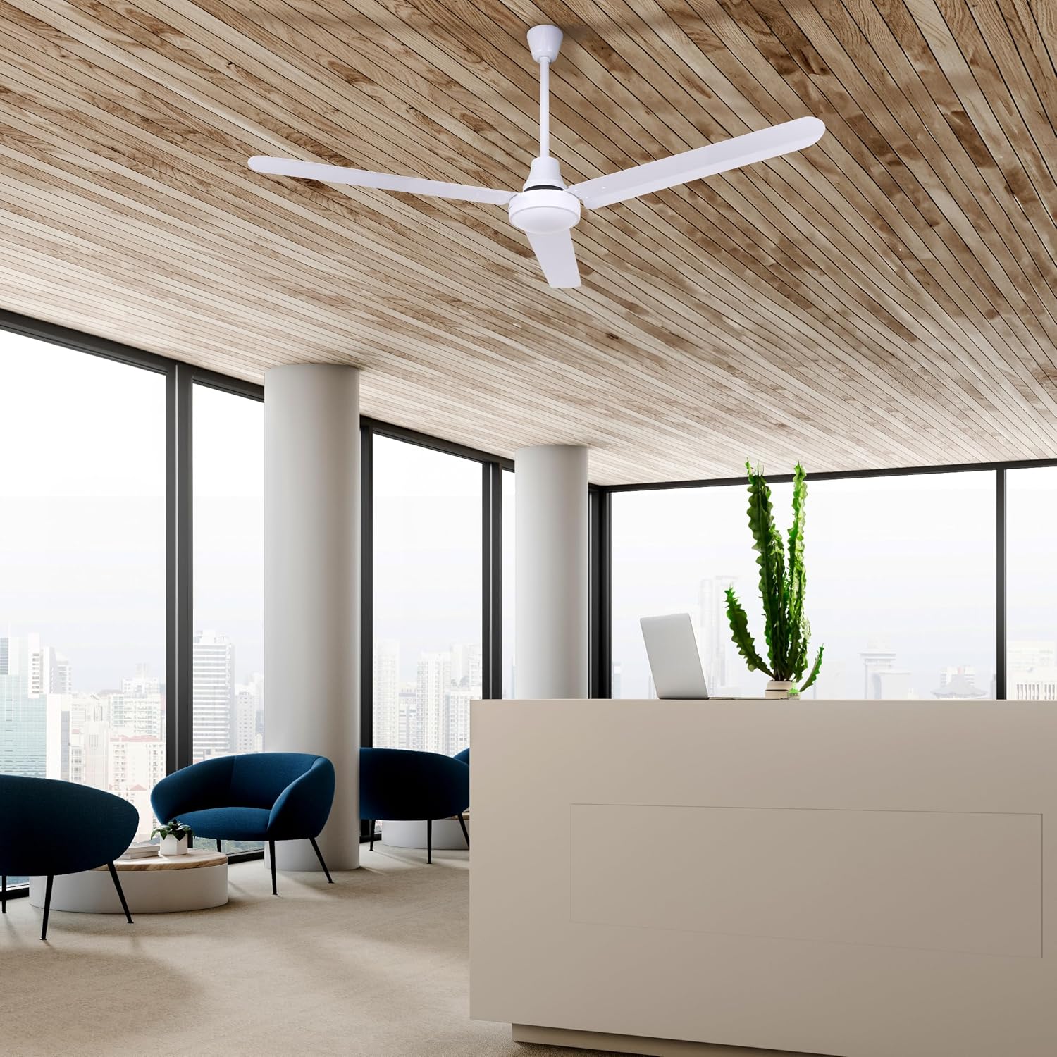 60' White Weatherproof Industrial Ceiling Fan – High-Performance DC Motor – Wall Control – Ideal for Outdoor Patios, Warehouses & Gyms