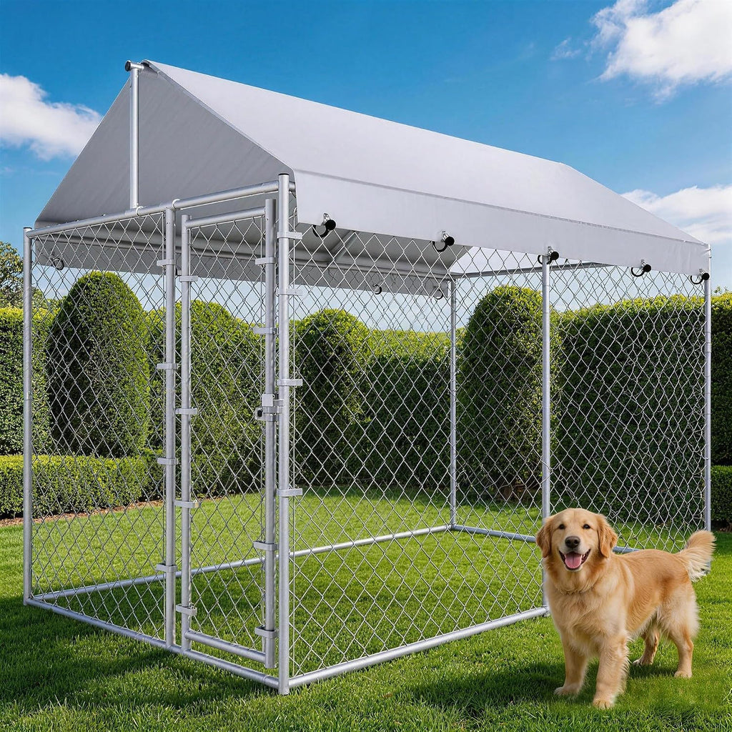 10x6x7.7ft Large Dog Kennel Outdoor, Heavy-Duty Outside Dog Kennel with Roof, Security Latch-Lock Door, Chain-Link Dog Enclosure Dog Run for Yard with Cover