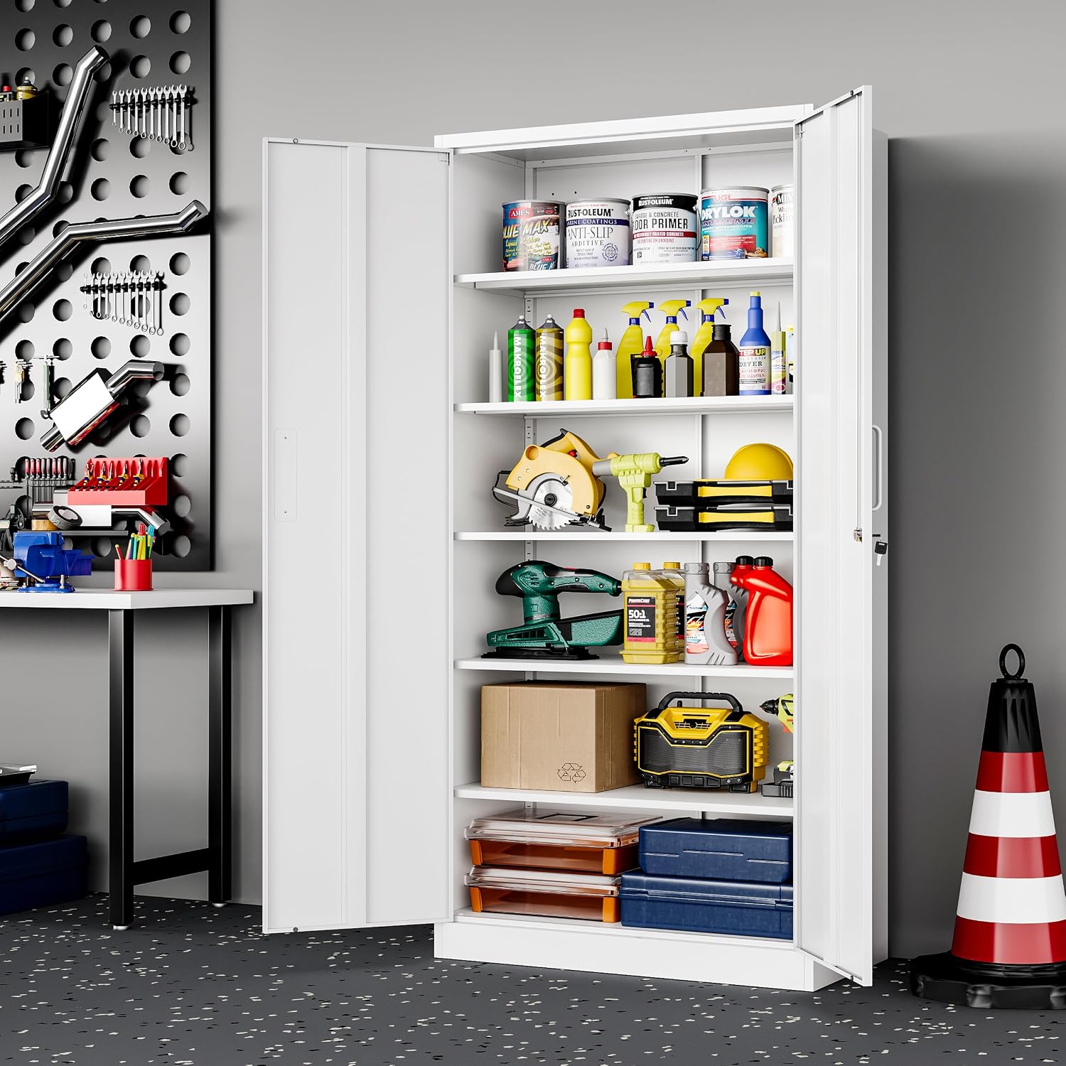 PEUKC Metal Garage Storage Cabinet, 71-inch Tool Storage Cabinet with Adjustable Shelves & Locking Doors for Garage,Office,Home,School,Gym Storage (White)