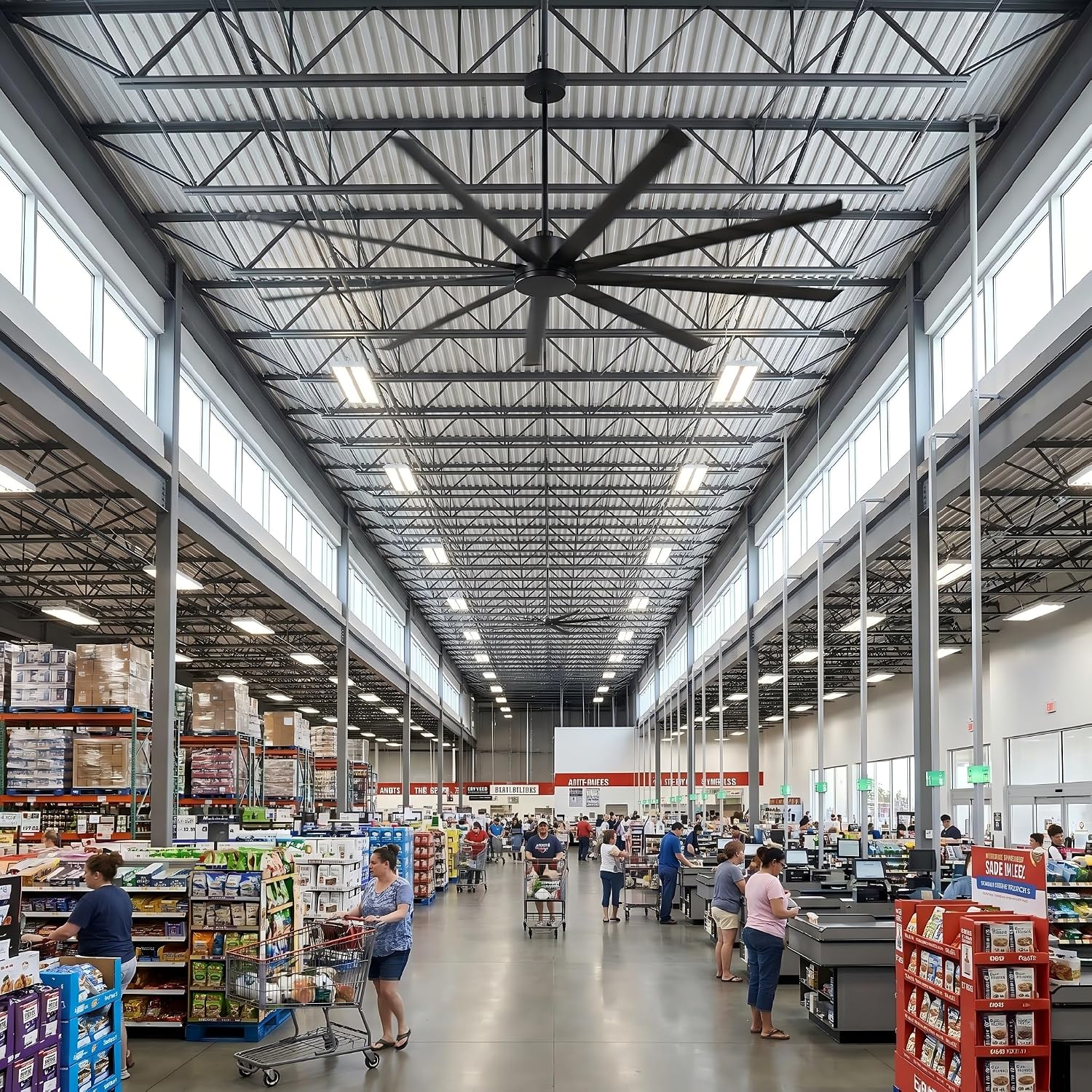 100 Inch Ceiling Fan without Lights, Industrial Commercial Ceiling Fan with Remote, 6 Speeds Quiet DC Motor, Reversible Large Shop Fan for Patio Garage Barn Gym, 8 Aluminum Blades, Matte Black