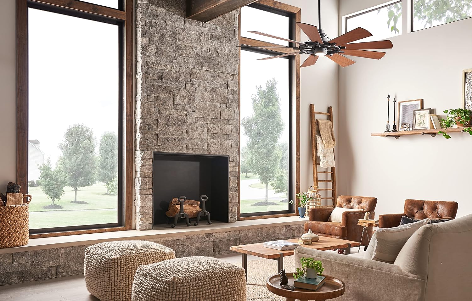 Kichler Gentry XL 65' Ceiling Fan with Lights, 1-Light LED, 3000K, 9-Blade Modern Rustic Fan for Bedroom in Distressed Black, (65' W x 16.5' H), 300265DBK