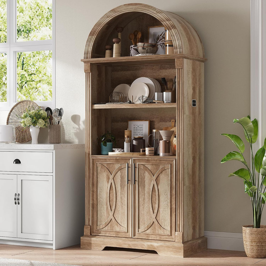 Vlsrka 71' Tall Arched Kitchen Pantry Cabinets, Wood Kitchen Storage Cabinets/Arched Bookshelf/Bookcase,China Cabinet with Open & Adjustable Shelves, Induction LED Light (Brown)