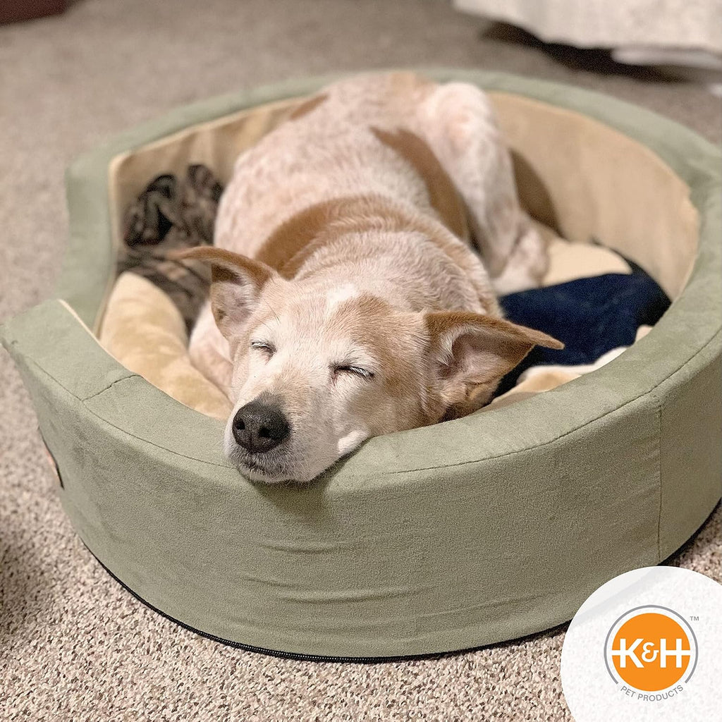 K&H Pet Products Heated Dog Bed Indoor, Thermo-Snuggly Sleeper with Removable Waterproof Heated Pad, Calming Pillow Pet Bed, Machine Washable, Safety Listed - Medium 26 X 20in Sage/Tan