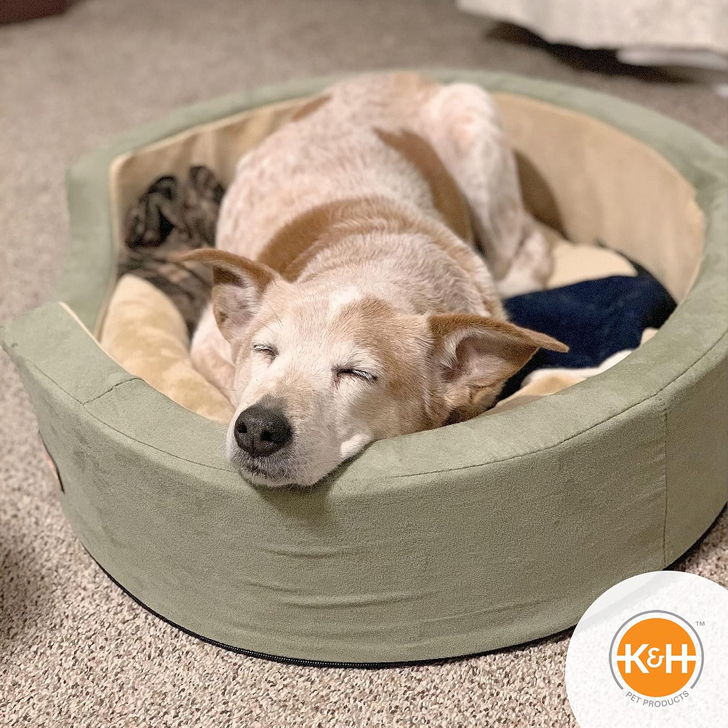 K&H Pet Products Heated Dog Bed Indoor, Thermo-Snuggly Sleeper with Removable Waterproof Heated Pad, Calming Pillow Pet Bed, Machine Washable, Safety Listed - Medium 26 X 20in Sage/Tan