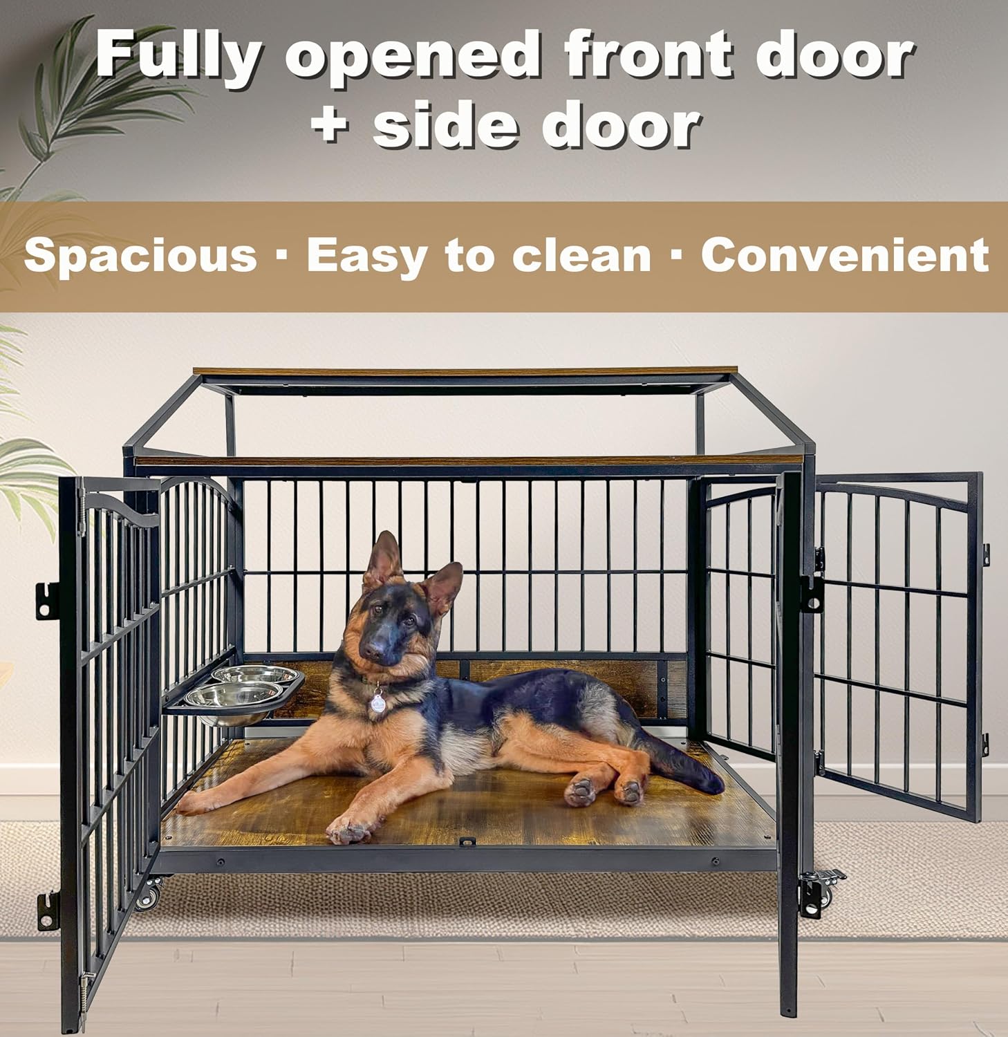 48 Inch Dog Crate Furniture, XXL Kennel Cage Rustic Wooden Pet House End Table Dog Home for Large Dogs with 2 Stainless Steel Bowls Indoor Use 48' L x 30' W x 40' H