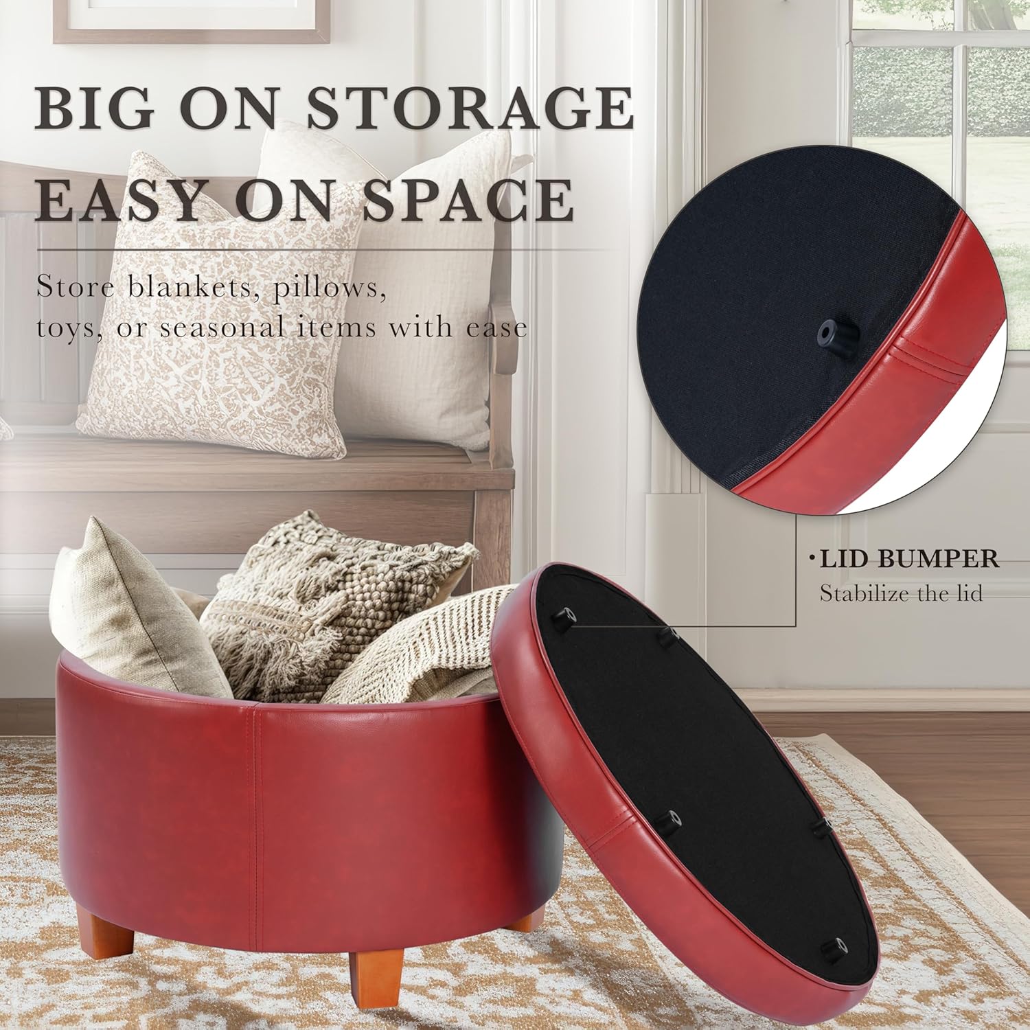 HomePop Round Leatherette Storage Ottoman with Lid, Cinnamon Red Large