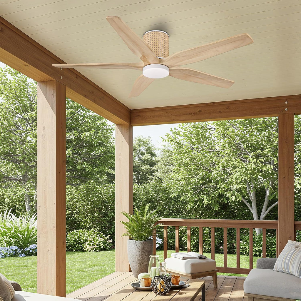 LEDLUX 54' Ceiling Fan with Light - Low Profile Flush Mount Ceiling Fan, 6-Speed Remote Control, Solid Wood, Quiet Reversible DC Motor, Wood/White Finish, for Bedroom, Living Room, Porch