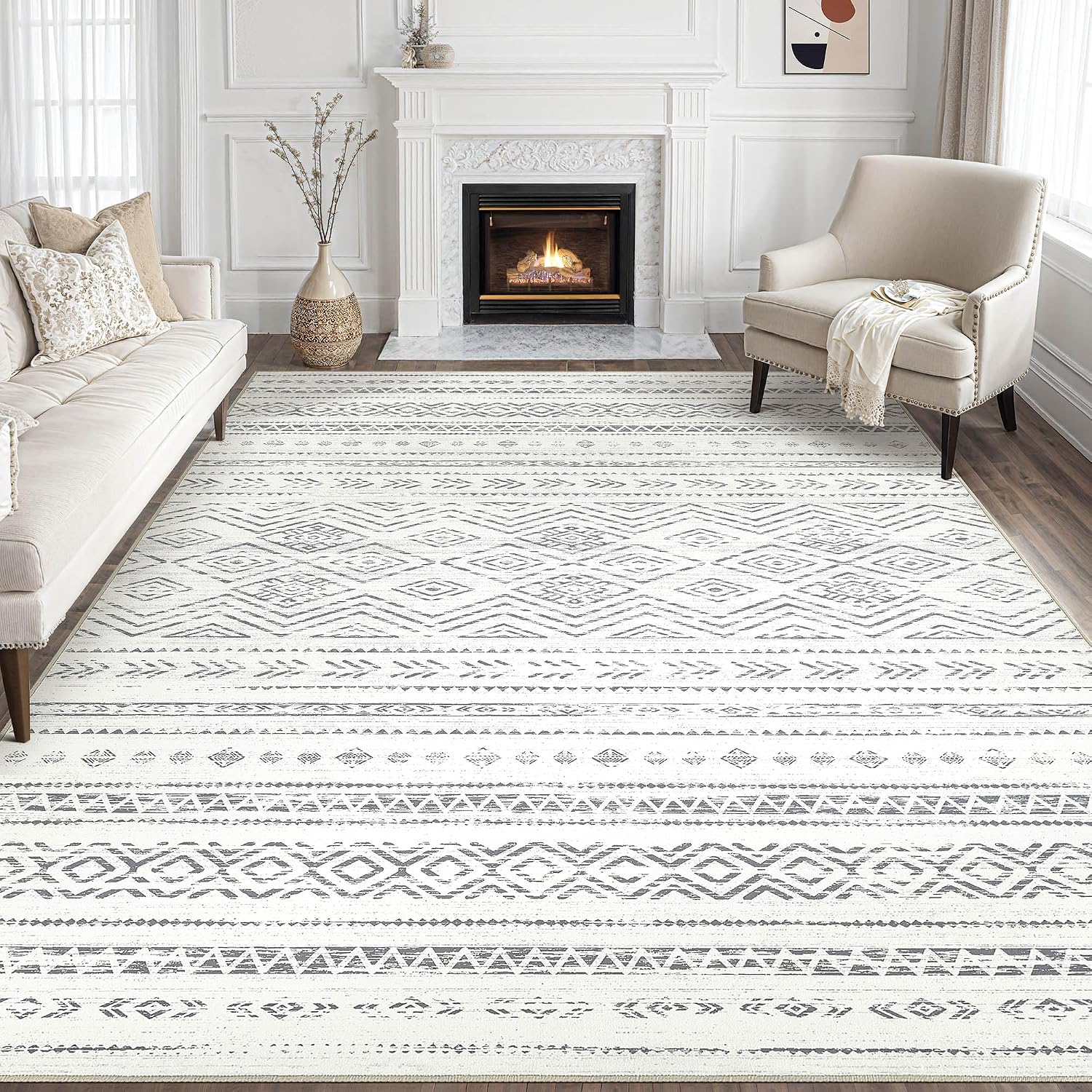 Tortania Area Rug Living Room Rugs- 9x13 Washable Large Soft Neutral Boho Moroccan Bohemian Farmhouse Rug Indoor Floor Carpet for Bedroom Under Dining Table Home Office Decor - Beige Gray