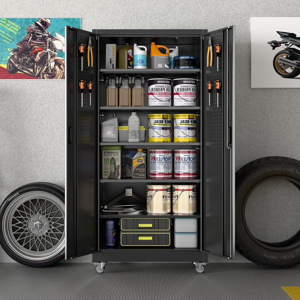 Reemoon Metal Storage Cabinet with Wheels and Pegboard, 71' Tall Garage Storage Cabinet with 5 Adjustable Shelves and Locking Doors, Heavy Duty Steel Utility Cabinet for Office