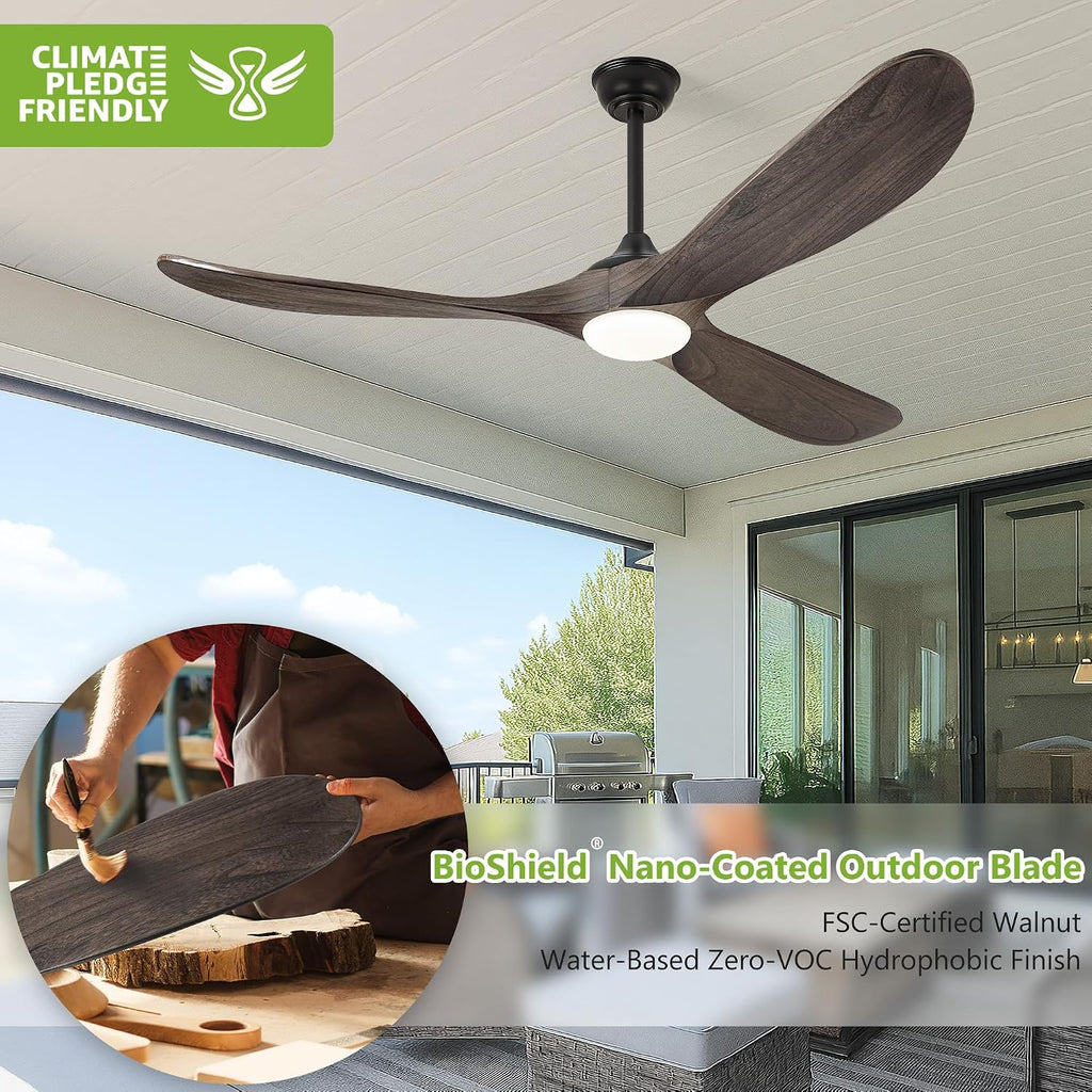 Haipeel 60 Inch Outdoor Ceiling Fans with Lights, Propeller Solid Wood Ceiling Fans with Light and Remote Control for Outdoor Ceiling Fan with Light for Patio Farmhouse, DC ETL Listed, Deep Brown