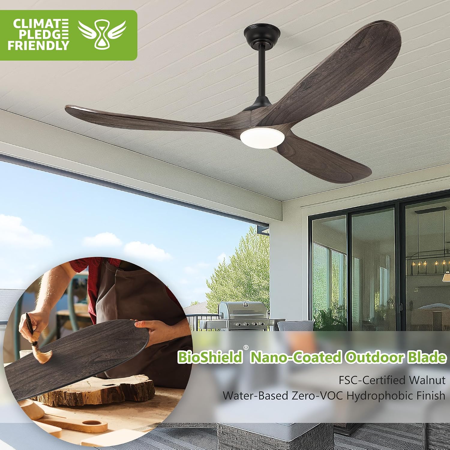 Haipeel 60 Inch Outdoor Ceiling Fans with Lights, Propeller Solid Wood Ceiling Fans with Light and Remote Control for Outdoor Ceiling Fan with Light for Patio Farmhouse, DC ETL Listed, Deep Brown