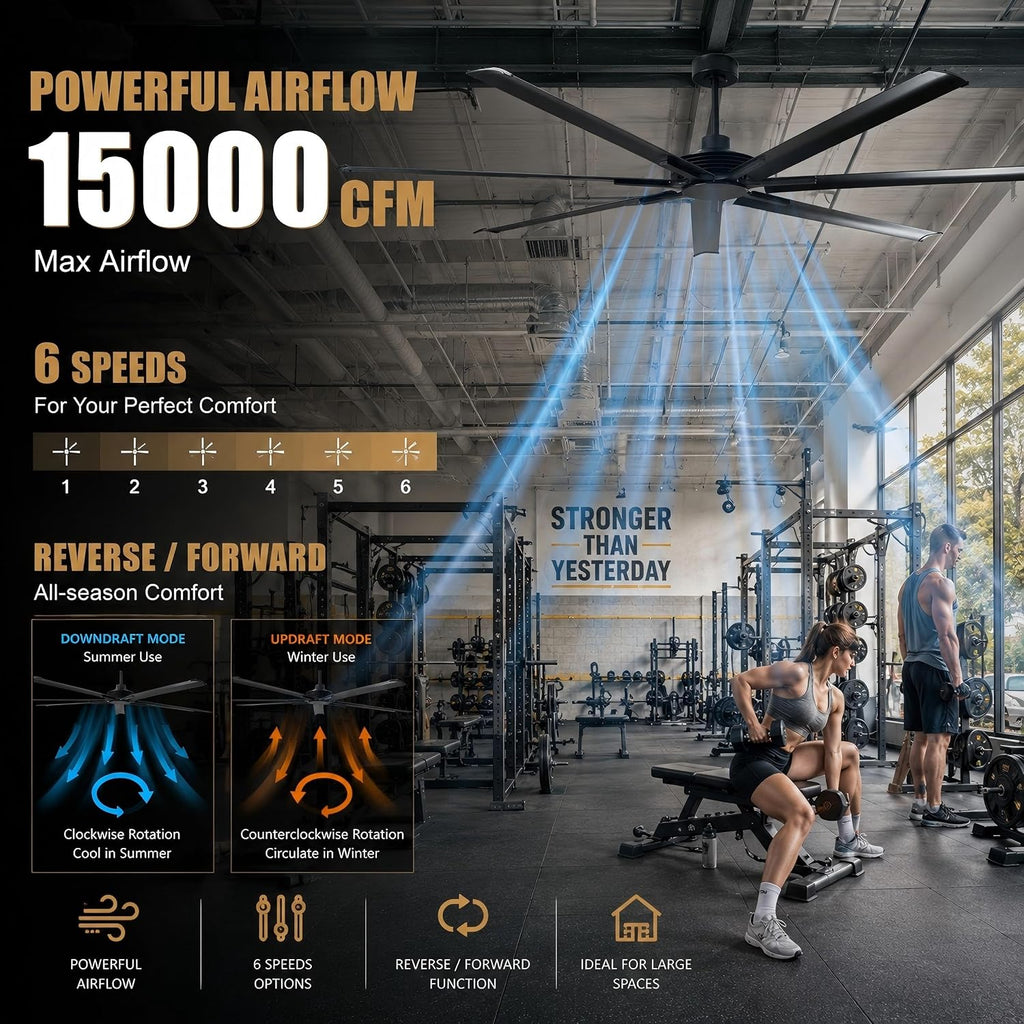 100 Inch Industrial Ceiling Fan, Large Black Outdoor Ceiling Fans for Paitos with Remote Control, High CFM Quiet DC Motor Commencial Shop Fan for Garage Gym, Reversible 7 Aluminum Blades, Timer