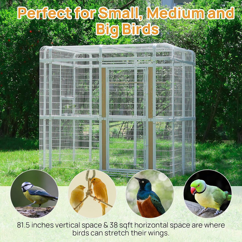 Large Walk-in Cage 87-inch Heavy Duty Bird Cage Outdoor Carbon Crystal Board Aviary Parrot Cage Wide Flight Metal Birdcage for Macaw Budgie Conure Lovebird Parakeet Cockatiel, 7.22x5.25x6.8ft, White